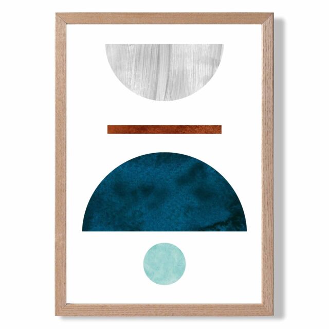 ARTZE Teal & Grey Semi Circles Mid Century Geometric Framed Print SIZE: A4 with Oak Frame - Size: A3 - image 1