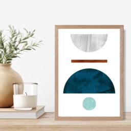 ARTZE Teal & Grey Semi Circles Mid Century Geometric Framed Print SIZE: A4 with Oak Frame - Size: A3 - thumbnail 2