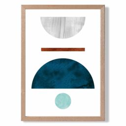 ARTZE Teal & Grey Semi Circles Mid Century Geometric Framed Print SIZE: A4 with Oak Frame - Size: A3 - thumbnail 1