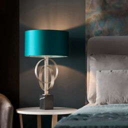 Loops 2 PACK Antique Silver Table Lamp & Teal Satin Shade Black Marble Base Desk Light - thumbnail 4