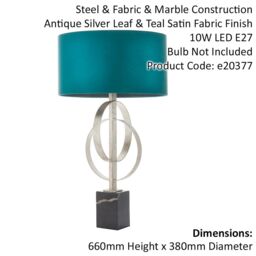 Loops 2 PACK Antique Silver Table Lamp & Teal Satin Shade Black Marble Base Desk Light - thumbnail 2