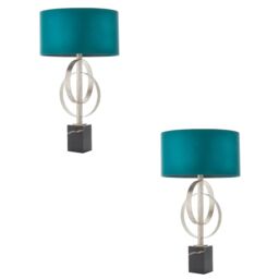 Loops 2 PACK Antique Silver Table Lamp & Teal Satin Shade Black Marble Base Desk Light - thumbnail 1