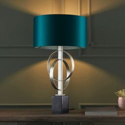 Loops 2 PACK Antique Silver Table Lamp & Teal Satin Shade Black Marble Base Desk Light - thumbnail 3
