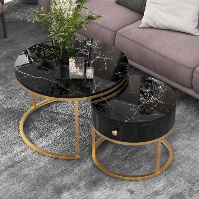 Merax Round Marble Effect Nesting Coffee Table Set of 2 with Drawer in Black - image 1