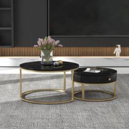 Merax Round Marble Effect Nesting Coffee Table Set of 2 with Drawer in Black - thumbnail 2