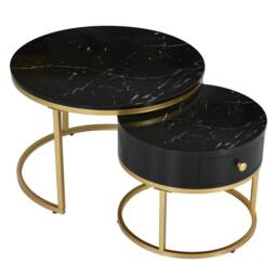 Merax Round Marble Effect Nesting Coffee Table Set of 2 with Drawer in Black - thumbnail 9