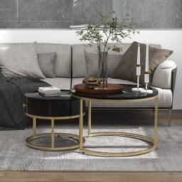 Merax Round Marble Effect Nesting Coffee Table Set of 2 with Drawer in Black - thumbnail 3