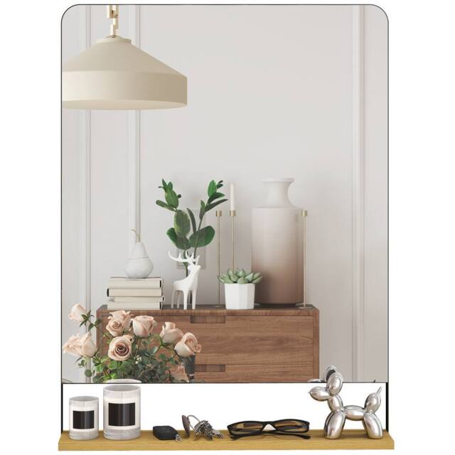 HOMCOM Decorative Mirror with Wood Shelf, Industrial Wall Mirror, Black - Size: 60 cm x 80 cm - image 1