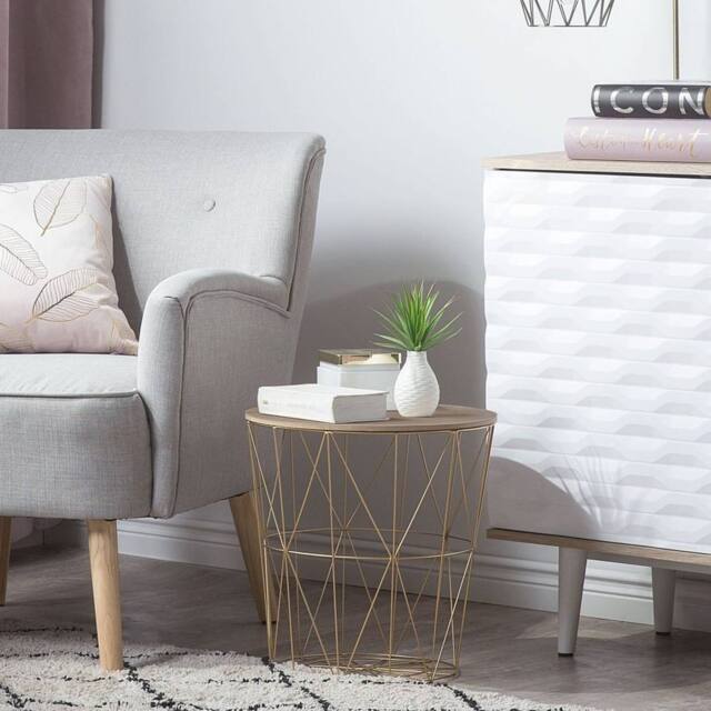 Wyld and Coco Geometric Glam Side Table - Gold Frame with Removable Light-Wood Top - image 1