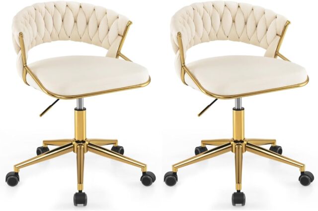 Gymax Office Chair Hand-woven Vanity Chair With Swivel & Adjustable Height in Beige - image 1