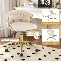 Gymax Office Chair Hand-woven Vanity Chair With Swivel & Adjustable Height in Beige - thumbnail 6