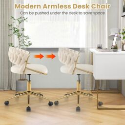 Gymax Office Chair Hand-woven Vanity Chair With Swivel & Adjustable Height in Beige - thumbnail 3