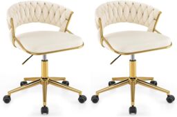Gymax Office Chair Hand-woven Vanity Chair With Swivel & Adjustable Height in Beige - thumbnail 1