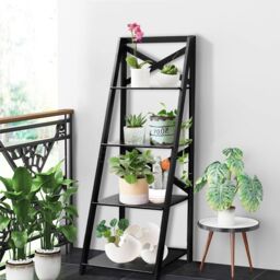 Costway 4 Tier Ladder Shelf Storage Shelving Unit Wooden Bookcase Shelves Space Saving Storage Rack in Black - thumbnail 3