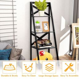 Costway 4 Tier Ladder Shelf Storage Shelving Unit Wooden Bookcase Shelves Space Saving Storage Rack in Black - thumbnail 5