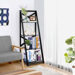 Costway 4 Tier Ladder Shelf Storage Shelving Unit Wooden Bookcase Shelves Space Saving Storage Rack in Black - thumbnail 2