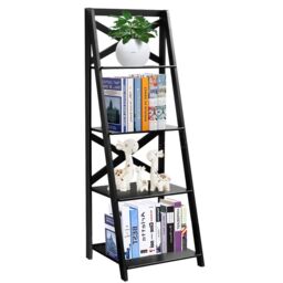 Costway 4 Tier Ladder Shelf Storage Shelving Unit Wooden Bookcase Shelves Space Saving Storage Rack in Black - thumbnail 1
