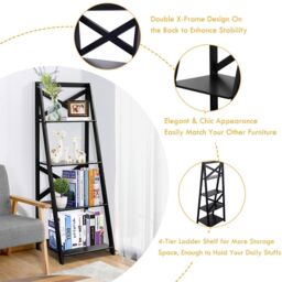 Costway 4 Tier Ladder Shelf Storage Shelving Unit Wooden Bookcase Shelves Space Saving Storage Rack in Black - thumbnail 4