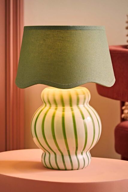 ValueLights Taffy Stripe Green Glass Table Lamp with Sage Scalloped Shade & Bulb in Pale Green - image 1