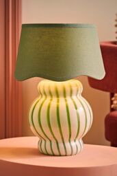 ValueLights Taffy Stripe Green Glass Table Lamp with Sage Scalloped Shade & Bulb in Pale Green