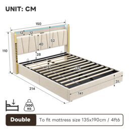 Matteo Luxury 4ft6 Double Upholstered Bed Frame with Hydraulic Storage, LED Headboard & USB-C Charging - Beige Linen - thumbnail 7