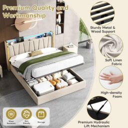 Matteo Luxury 4ft6 Double Upholstered Bed Frame with Hydraulic Storage, LED Headboard & USB-C Charging - Beige Linen - thumbnail 6