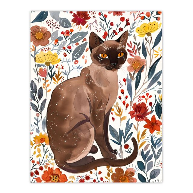 "Artery8 Burmese Cat Lover Watercolour Autumn Wildflowers Wall Art Print - Size: W12"" x H16""" - image 1