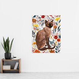 "Artery8 Burmese Cat Lover Watercolour Autumn Wildflowers Wall Art Print - Size: W12"" x H16""" - thumbnail 4