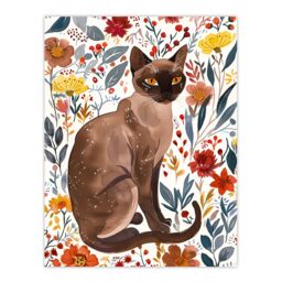 "Artery8 Burmese Cat Lover Watercolour Autumn Wildflowers Wall Art Print - Size: W12"" x H16""" - thumbnail 1