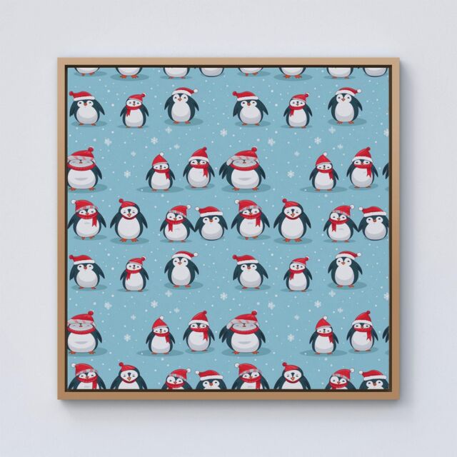 "Warren Reed - Designer Adorable Santa Penguins Framed Canvas in Light Brown - Size: W30"" x H30""" - image 1