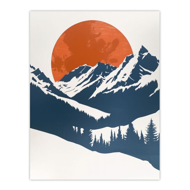 "Artery8 Full Moon Rising Winter Forest Mountain Landscape Wall Art Print in Orange - Size: W18"" x H24""" - image 1