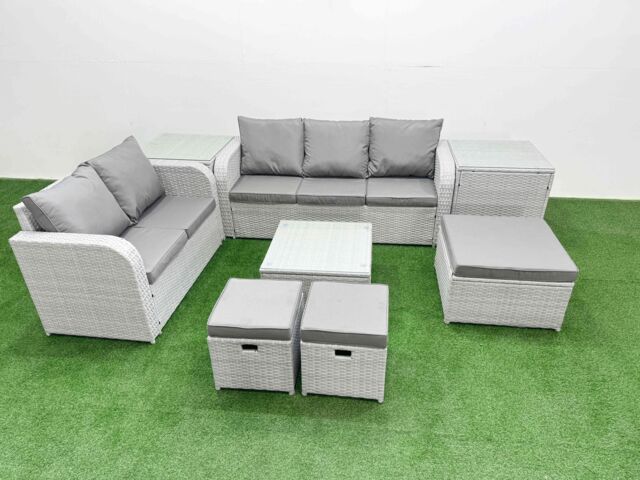 Fimous 8 Seater PE Rattan Wicker Garden Furniture Patio Conservatory Sofa Set with Square Coffee Table 3 Seater Sofa Love Sofa 3 Stool 2 Side Table - image 1