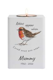 Personalised Memento Company Robins White Wooden Tea Light Holder