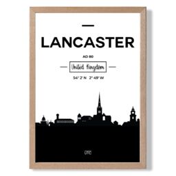 ARTZE Lancaster Black & White City Skyline Framed Print SIZE: A3 with Oak Frame - Size: A4