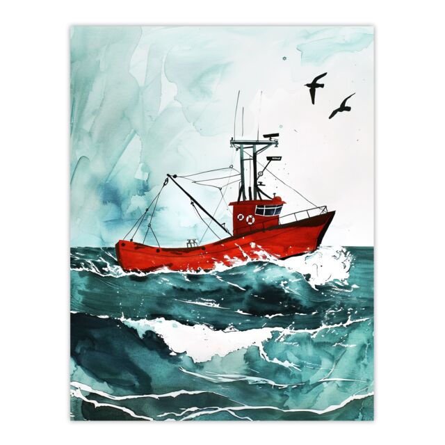 "Artery8 Red Fishing Boat at Sea Nautical Watercolour Wall Art Print in Blue - Size: W24"" x H32""" - image 1