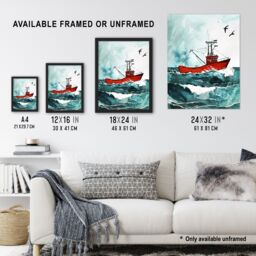 "Artery8 Red Fishing Boat at Sea Nautical Watercolour Wall Art Print in Blue - Size: W24"" x H32""" - thumbnail 3