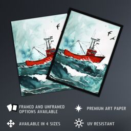 "Artery8 Red Fishing Boat at Sea Nautical Watercolour Wall Art Print in Blue - Size: W24"" x H32""" - thumbnail 2