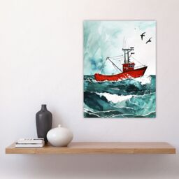 "Artery8 Red Fishing Boat at Sea Nautical Watercolour Wall Art Print in Blue - Size: W24"" x H32""" - thumbnail 4