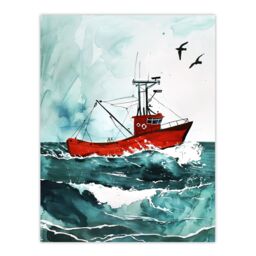 "Artery8 Red Fishing Boat at Sea Nautical Watercolour Wall Art Print in Blue - Size: W24"" x H32""" - thumbnail 1