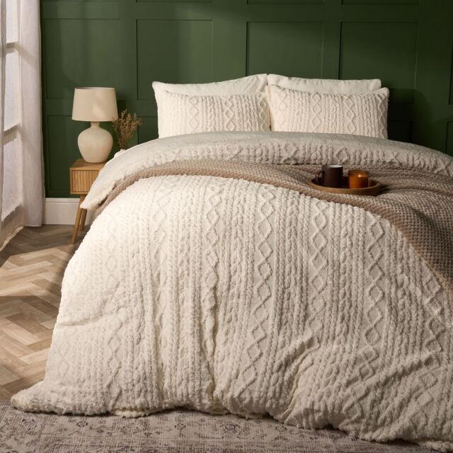 OHS Cable Knit Fleece Duvet Cover Set Warm Reversible Bedding in Cream - Size: Double - image 1