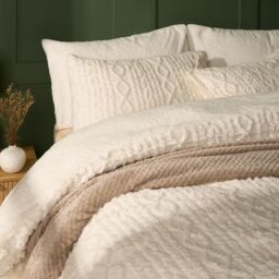 OHS Cable Knit Fleece Duvet Cover Set Warm Reversible Bedding in Cream - Size: Double - thumbnail 2