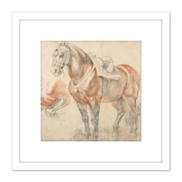 Artery8 Rubens Saddled Horse Painting 8X8 Inch Square Wooden Framed Wall Art Print Picture with Mount in White - thumbnail 1