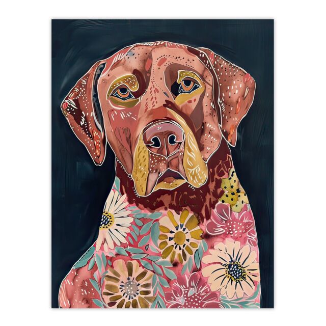 "Artery8 Dog Lover Floral Red Labrador Folk Watercolour Wall Art Print in Pink - Size: W12"" x H16""" - image 1