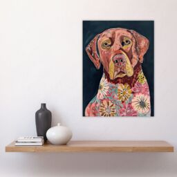 "Artery8 Dog Lover Floral Red Labrador Folk Watercolour Wall Art Print in Pink - Size: W12"" x H16""" - thumbnail 4
