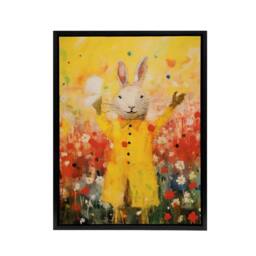 "Artery8 Rabbit Wearing Raincoat in Meadow Framed Canvas Wall Art Print in Yellow - Size: W12"" x H16""" - thumbnail 1