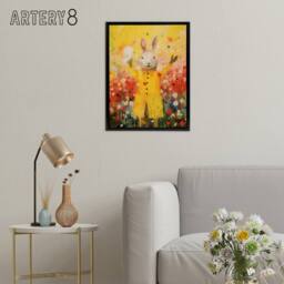 "Artery8 Rabbit Wearing Raincoat in Meadow Framed Canvas Wall Art Print in Yellow - Size: W12"" x H16""" - thumbnail 3