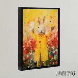 "Artery8 Rabbit Wearing Raincoat in Meadow Framed Canvas Wall Art Print in Yellow - Size: W12"" x H16""" - thumbnail 2