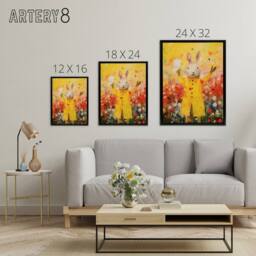 "Artery8 Rabbit Wearing Raincoat in Meadow Framed Canvas Wall Art Print in Yellow - Size: W12"" x H16""" - thumbnail 4