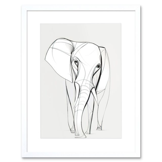 "Artery8 Wall Art Print Elephant Minimal Line Simple Drawing Artwork Framed 9X7 Inch in White - Size: W7"" x H9""" - image 1