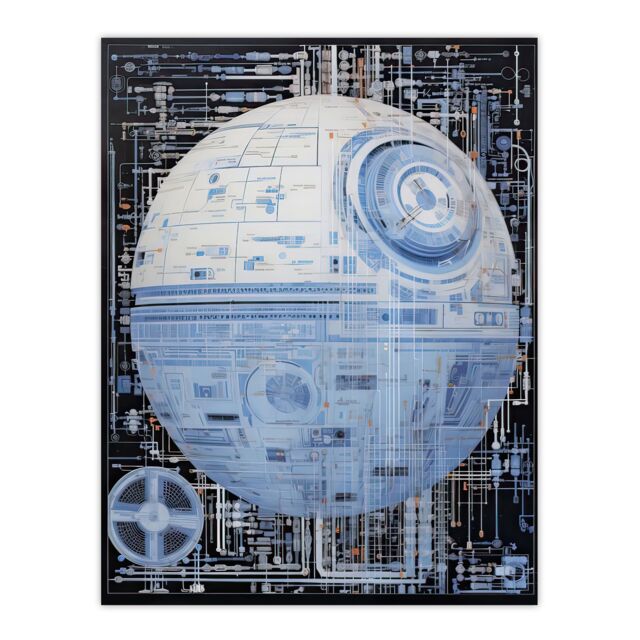 "Artery8 Wall Art Print Dark Side Engineering Death Star Schematic Blue Science Fiction Technology Design Poster - Size: W18"" x H24""" - image 1